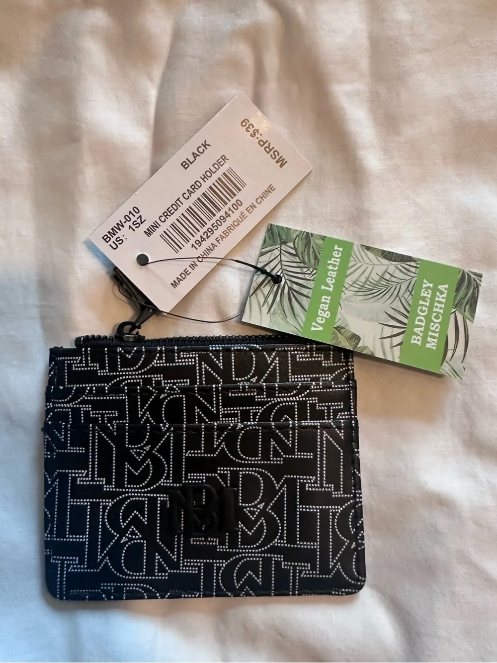 Badgley Mischka NWT Black Monogram Vegan Leather Mini Credit Card Holder Wallet